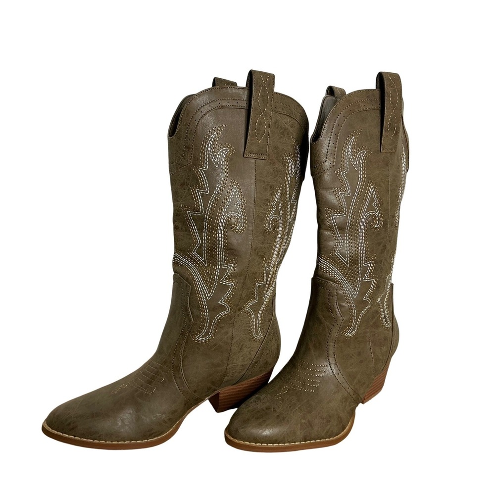 Western Cowboy Boots Brown Embroidered Stitch Pointed Toe Cowgirl Size 9